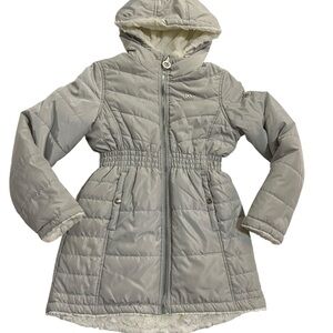 DKNY Jacket Kids Silver Gray Hooded Puffer Coat Full Zipper Front Size Large 14